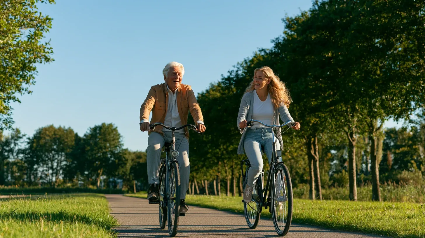 An older man and a younger woman riding bicycles side-by-side down a paved outdoor path, smiling and chatting on a sunny day.
