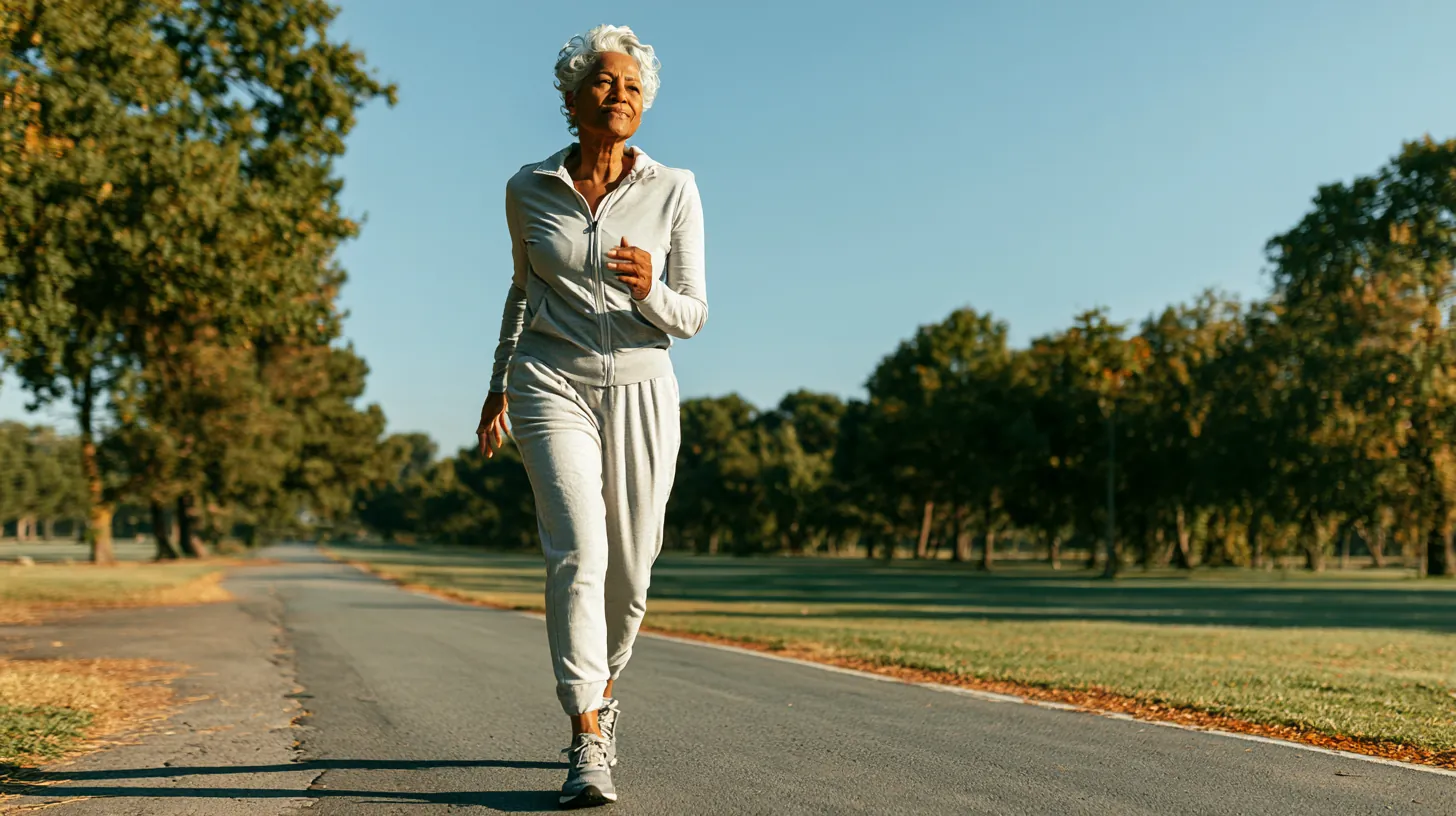 A smiling older woman with white hair, wearing a white tracksuit, is jogging on a paved path in a park on a sunny day. Trees line the path and there is a grassy area to the side.