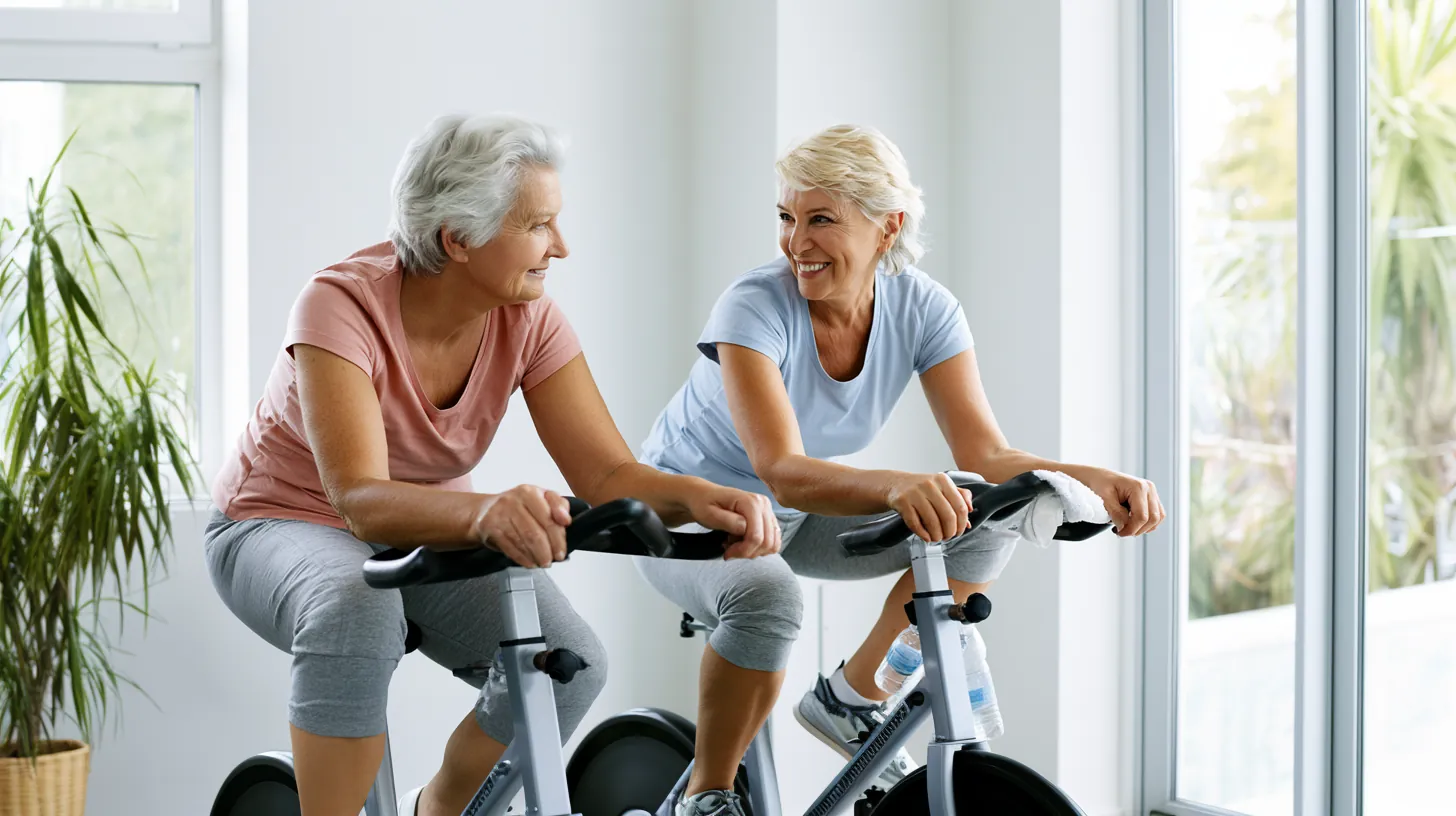 Two older women smiling and chatting while riding stationary exercise bikes indoors in a bright gym setting.