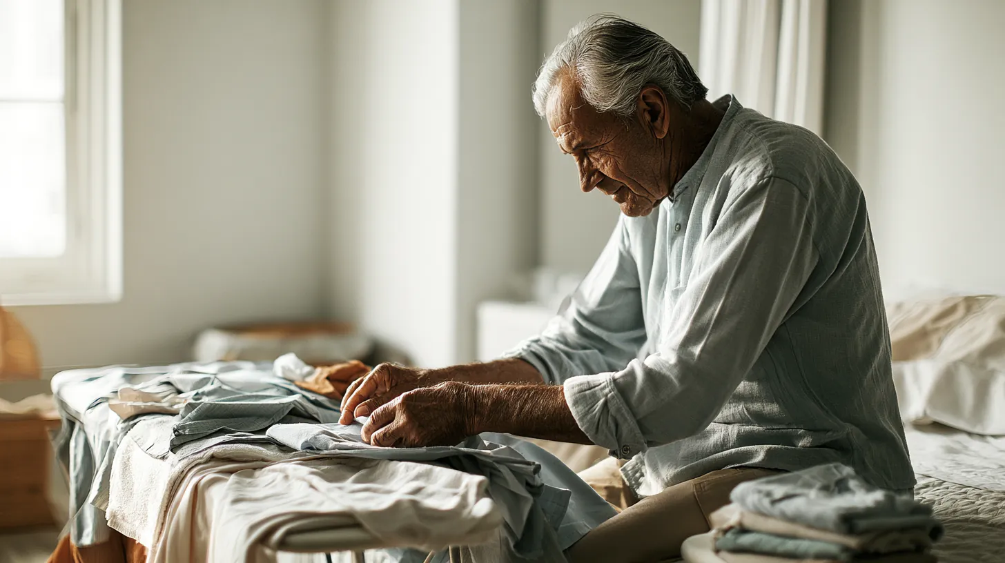 An older man sitting thoughtfully in a sunlit room while carefully folding clothes on a table.