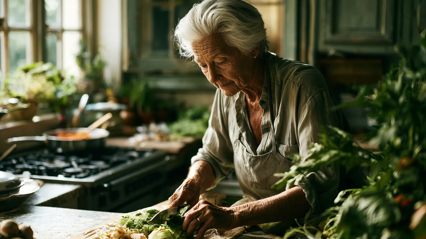 An older woman with white hair carefully chopping fresh vegetables in a brightly lit kitchen, maintaining her daily cooking routine.