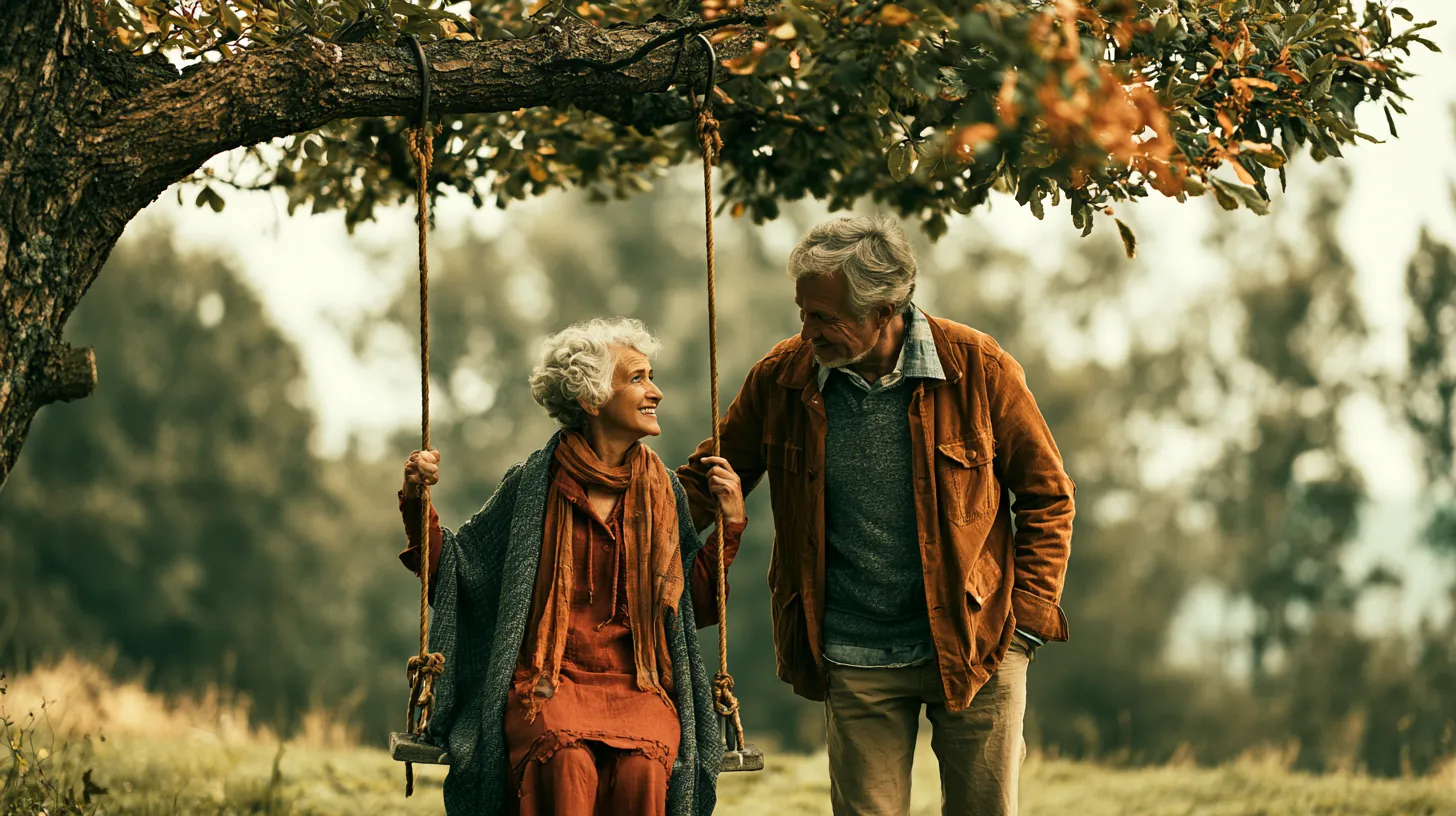 Older couple sitting together on a swing under a tree in a park, smiling and sharing a moment of companionship, representing active aging and emotional wellbeing.