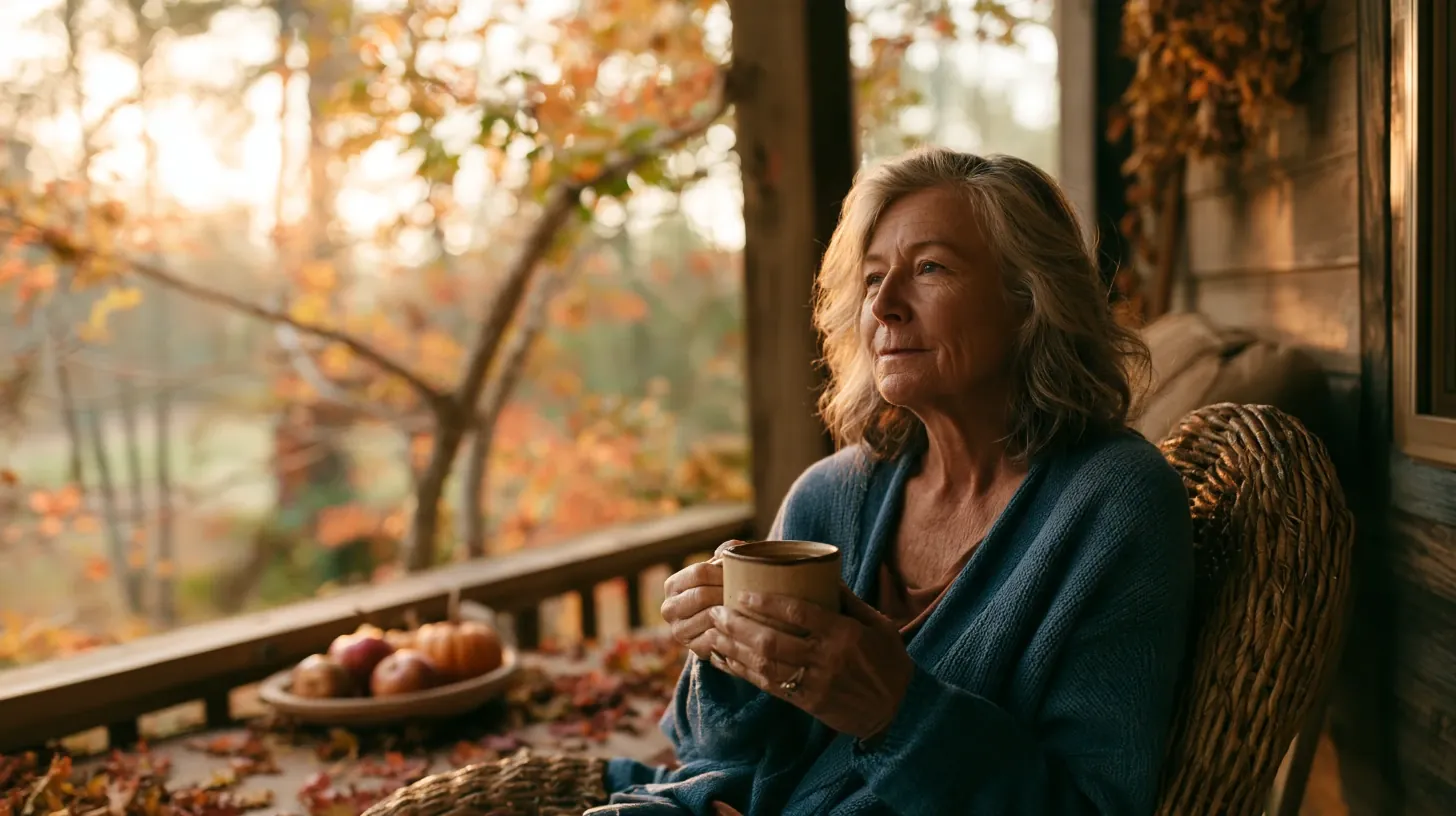 An older woman wrapped in a cozy blue cardigan sits in a wicker chair on a porch, holding a warm mug in both hands while gazing peacefully into the golden autumn sunlight surrounded by fall leaves and small decorative pumpkins.