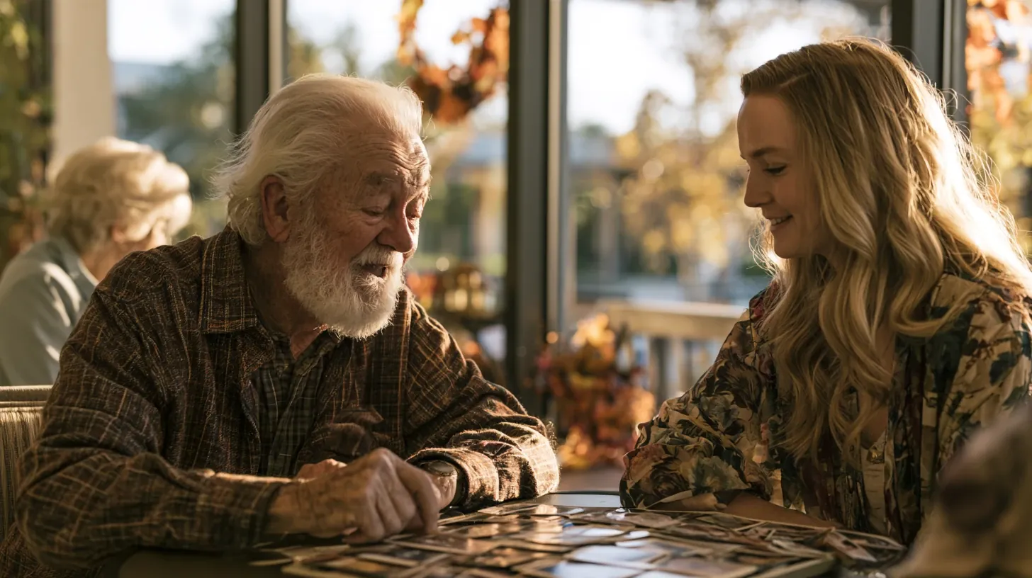An older man with a long white beard and a younger blonde woman sit at a table looking at physical photographs. The man points smilingly at a specific picture while the woman smiles back, engaged in the memory. Through the large window behind them, blurry autumn foliage and a seasonal wreath are visible.