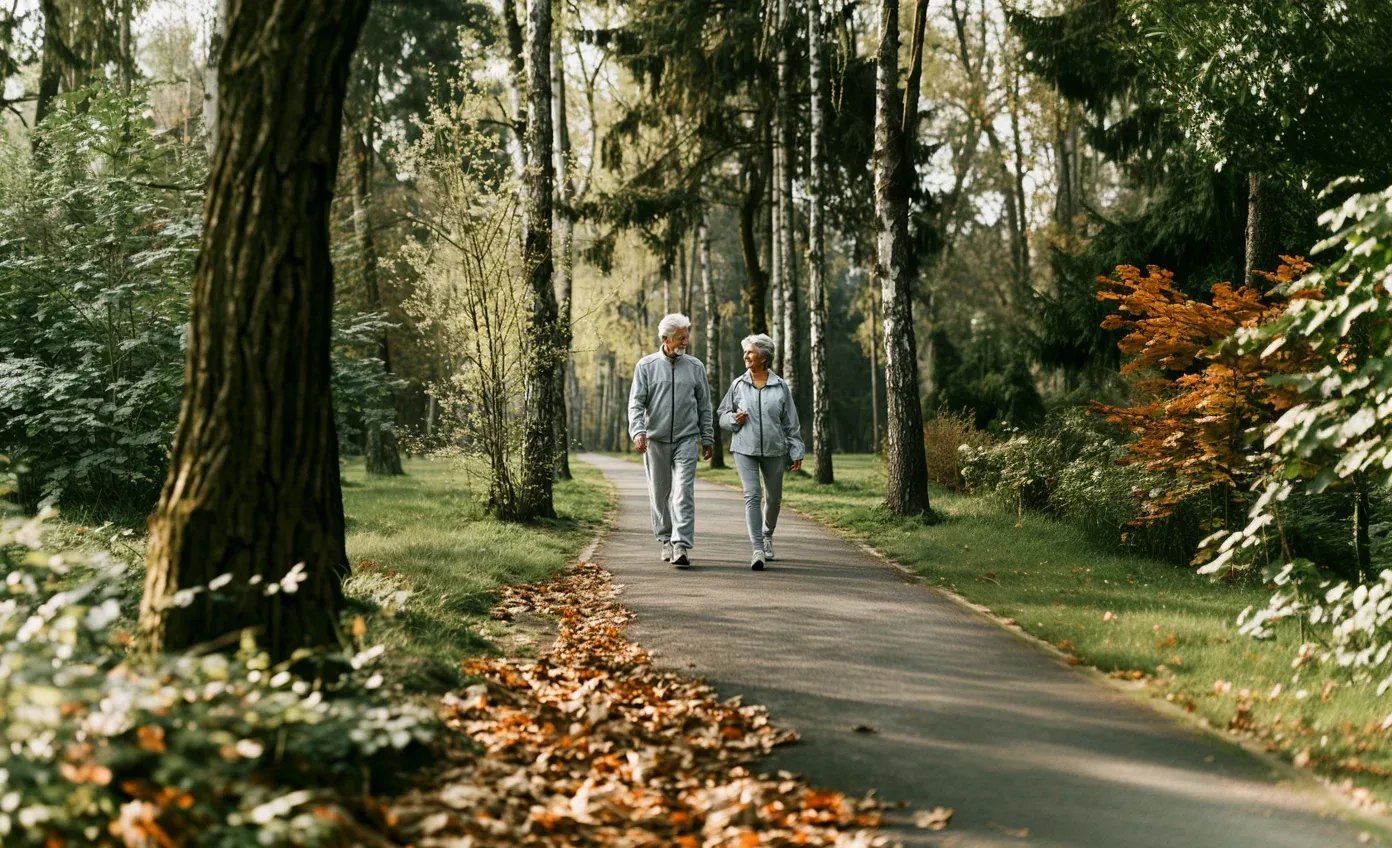 An older man and woman in matching grey athletic tracksuits walking together down a paved path in a lush, wooded park, smiling and talking.