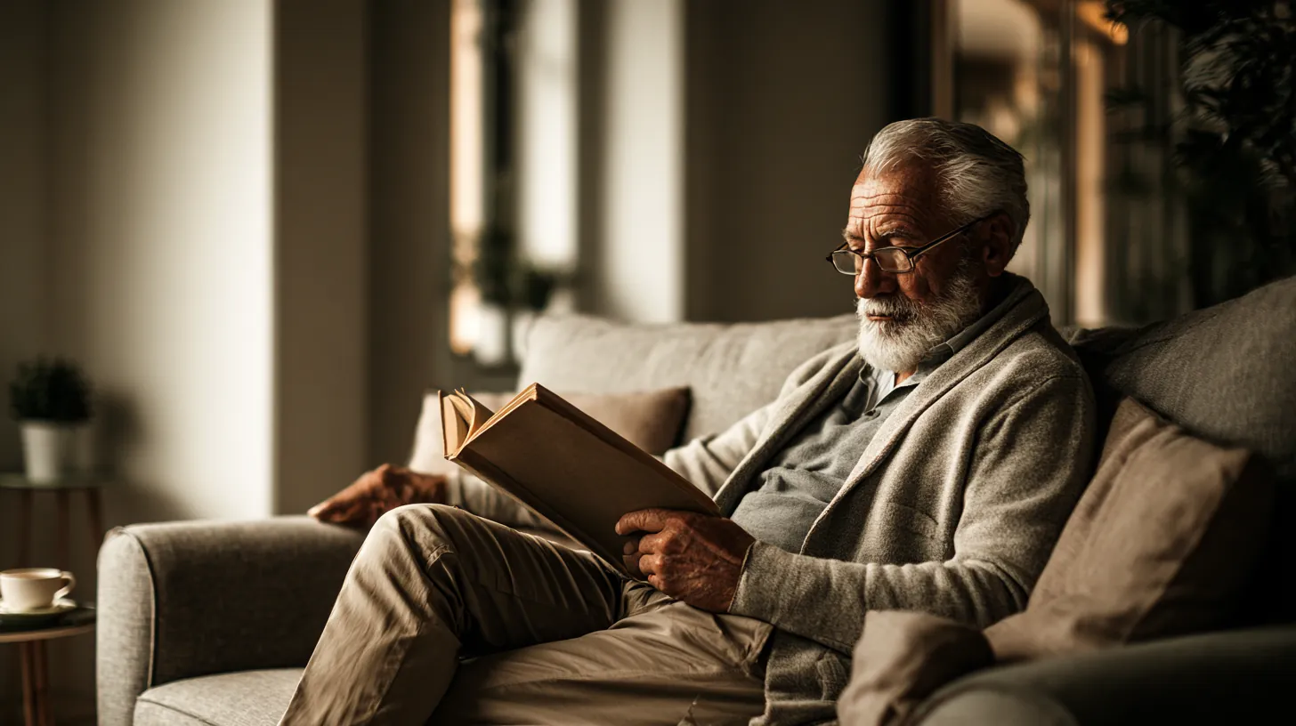 An older man with a grey beard and glasses sitting comfortably on a sofa in a warm living room while reading a book.