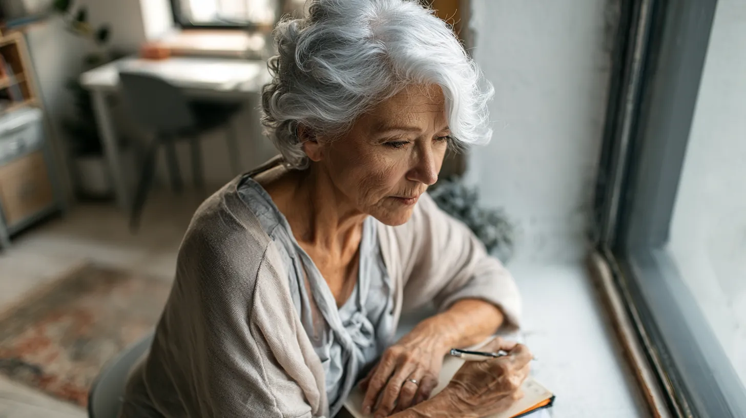 An older woman with wavy grey hair looking pensively out a window while holding a pen and taking notes in a notebook.
