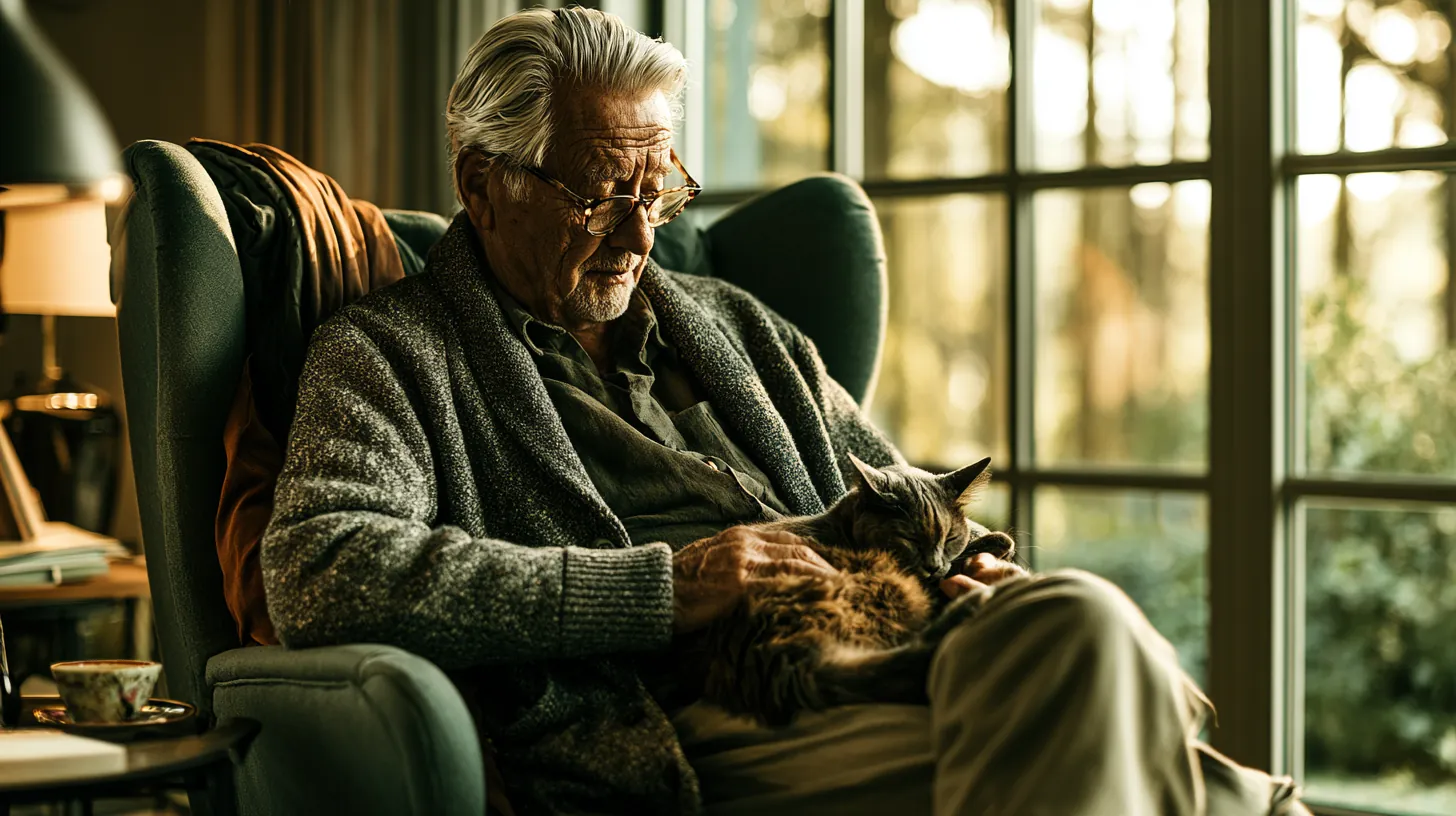 Older man sitting in an armchair gently holding a resting cat, symbolizing comfort and companionship in old age.