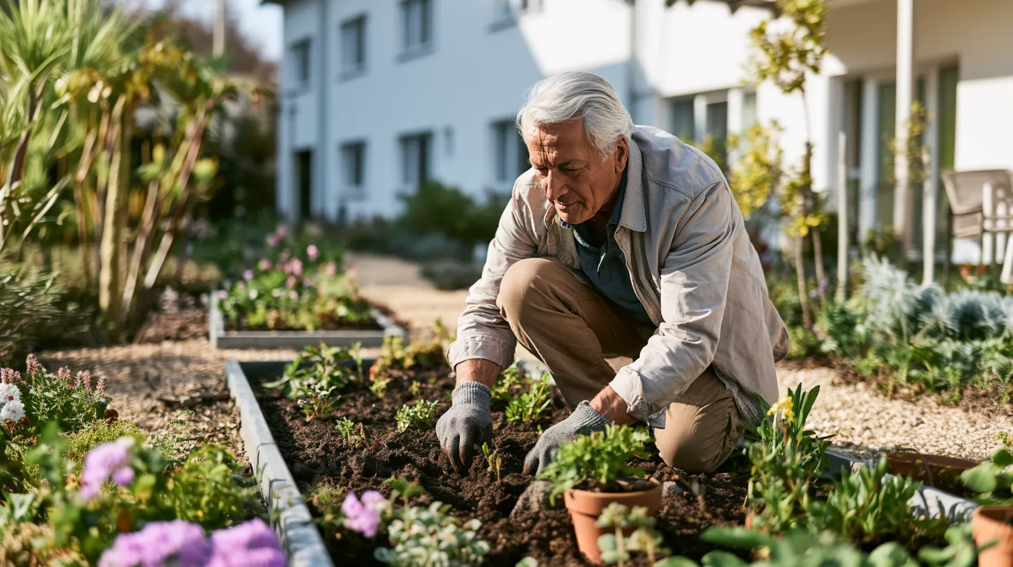 An older man wearing work gloves kneeling outside in a garden bed, carefully planting small green plants in fresh soil.