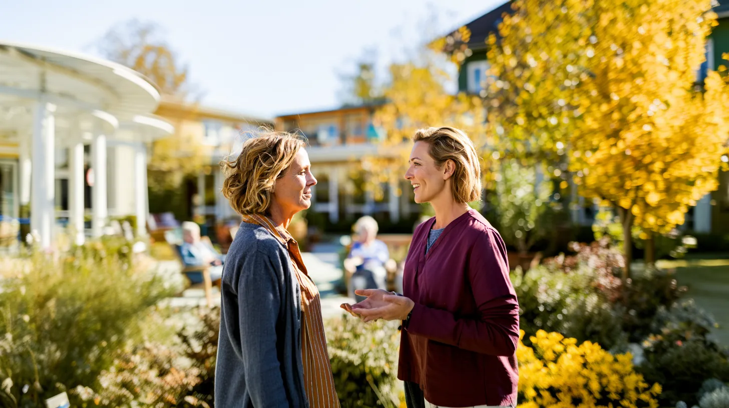 A family member talking warmheartedly with a senior living staff member outdoors in a sunlit courtyard surrounded by autumn trees.