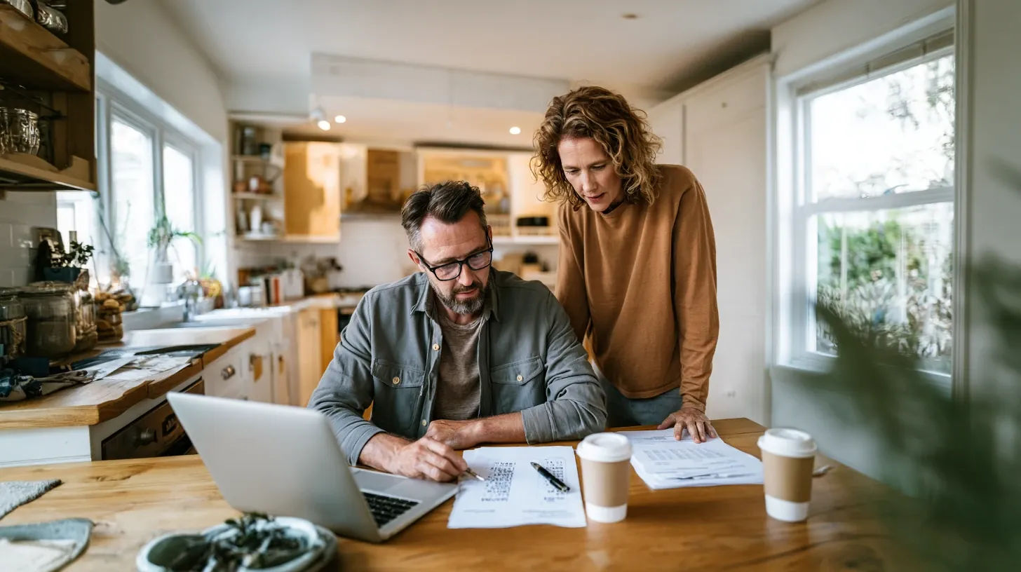 A man and woman in a home kitchen reviewing financial paperwork and cost comparison documents at a wooden dining table. The man, wearing glasses, sits and takes notes with a pen while looking at a sheet of paper with columns of numbers, next to an open laptop. The woman stands beside him, leaning forward to look closely at the papers. Coffee cups and other documents are visible on the table, capturing a focused moment of planning and budgeting for a parent’s senior living expenses.