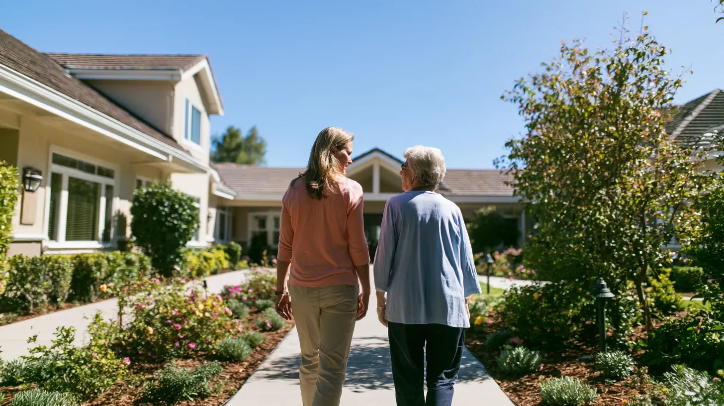 An adult daughter and her older mother walking together along a paved walkway in a sunny courtyard outside a senior living community.