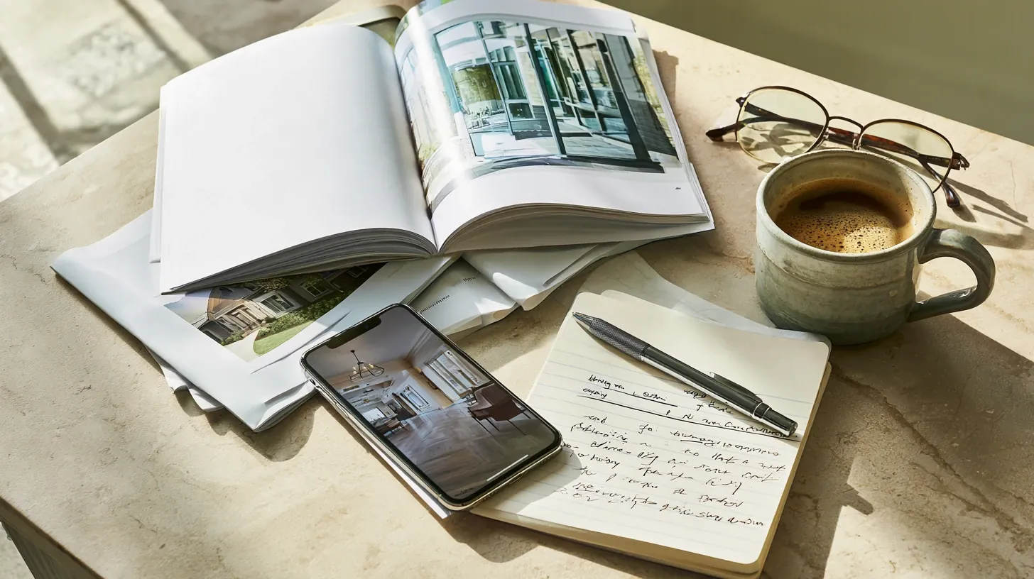 Open brochures, a notebook with handwritten notes, eyeglasses, coffee, and a smartphone showing interior photos on a table.