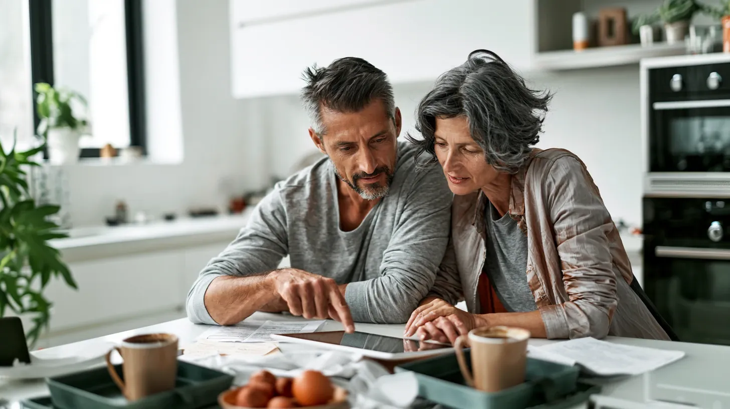 A middle-aged couple sitting together at a kitchen table, reviewing senior living comparison notes on a digital tablet.