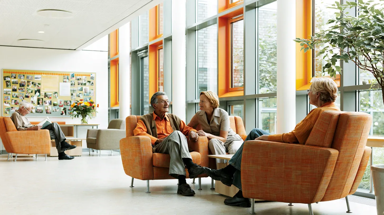 Older adults sitting in comfortable orange armchairs, chatting warmly in a bright, sunlit common room of a senior living community.