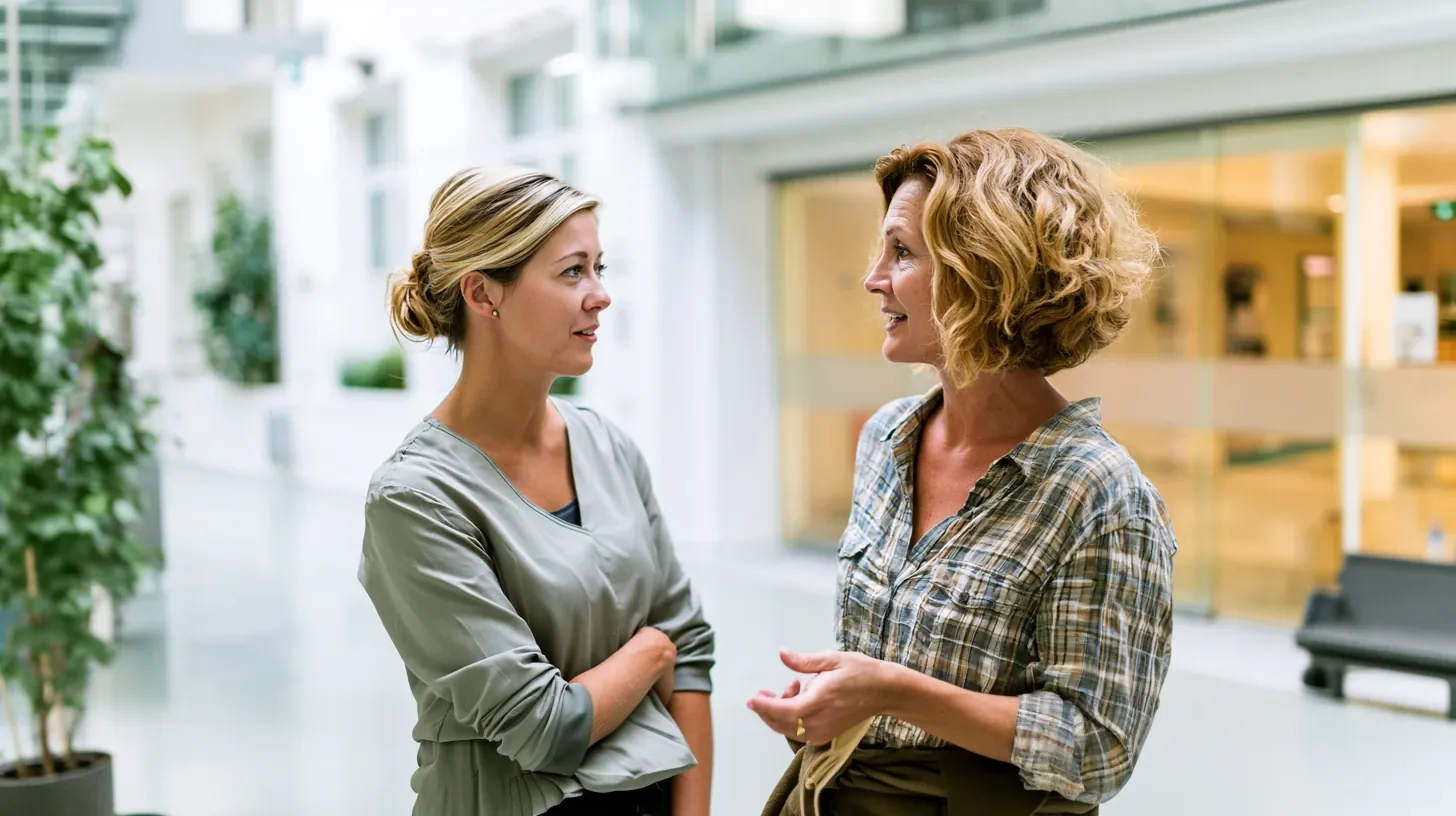 A family caregiver engaging in a thoughtful conversation with a staff member inside a modern senior living community.