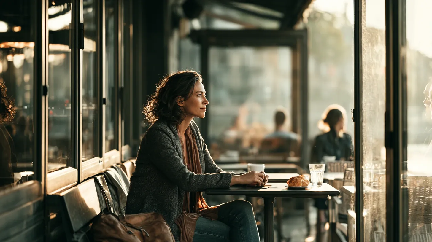 A woman sitting thoughtfully alone at an outdoor café table with a coffee, taking personal time for self-care.
