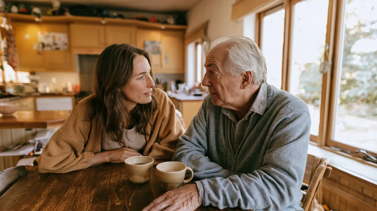 An adult daughter leaning forward empathetically while talking to her older father sitting at a wooden kitchen table over two mugs of coffee. The father, wearing a grey sweater, looks closely at her as they engage in a serious, earnest conversation near a sunlit window.