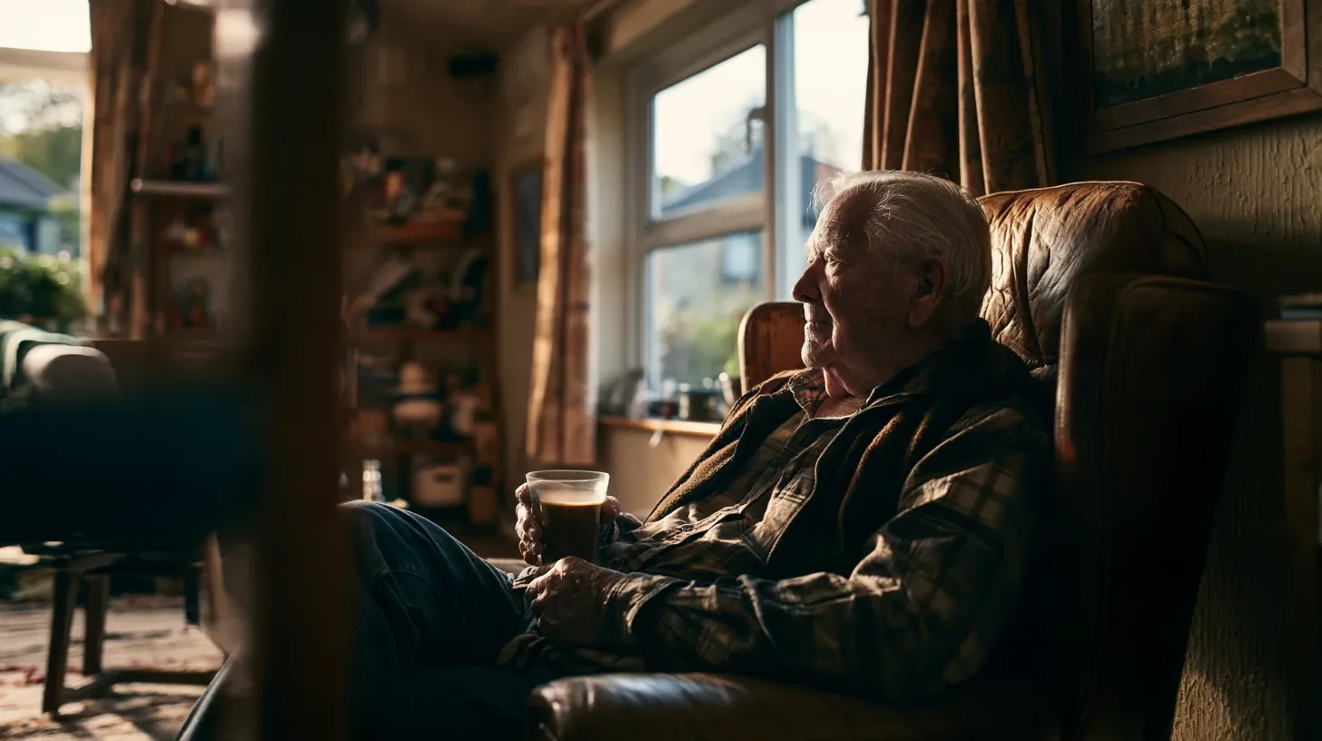 An older man wearing a plaid shirt and vest sits thoughtfully in a leather armchair in his living room, holding a glass mug of coffee while looking toward a sunlit window.