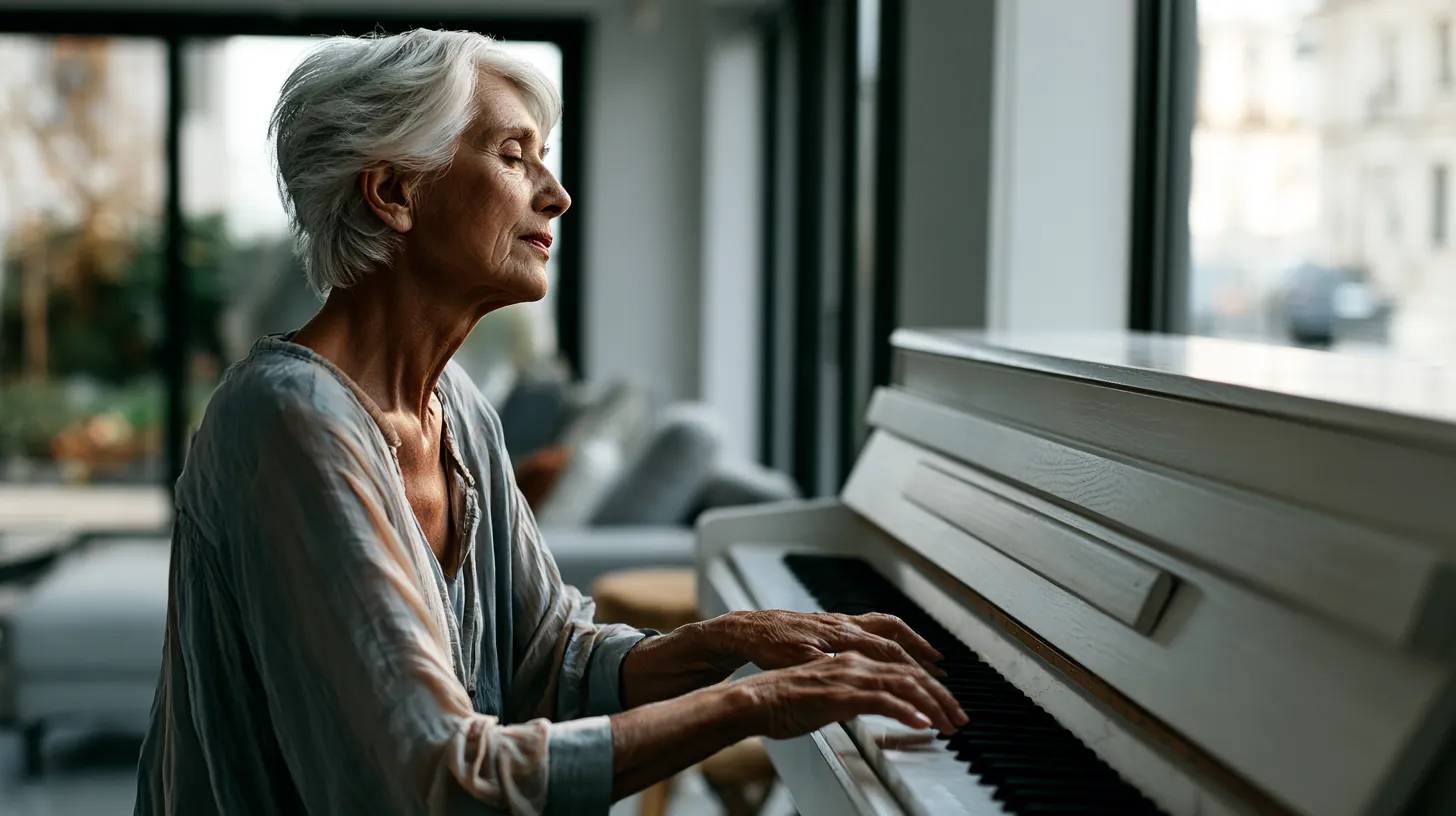 A side profile of an older woman with short gray hair playing a white piano with her eyes closed in a brightly lit room.