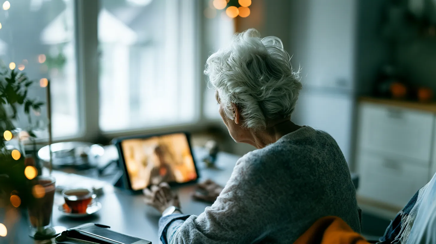 An older woman with short white hair seen from behind, sitting at a cozy table with a cup of tea and looking at a tablet screen during a video call with a loved one.