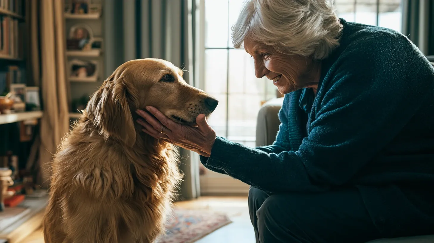 An older woman sharing a quiet, emotional moment of connection with a Golden Retriever therapy dog in a living room.