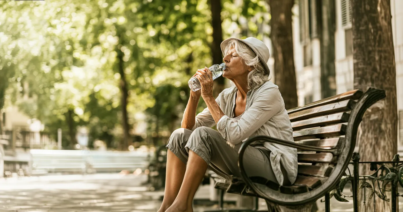 A cheerful older woman wearing a hat drinks water while sitting on a park bench, staying hydrated and cool in the sun.