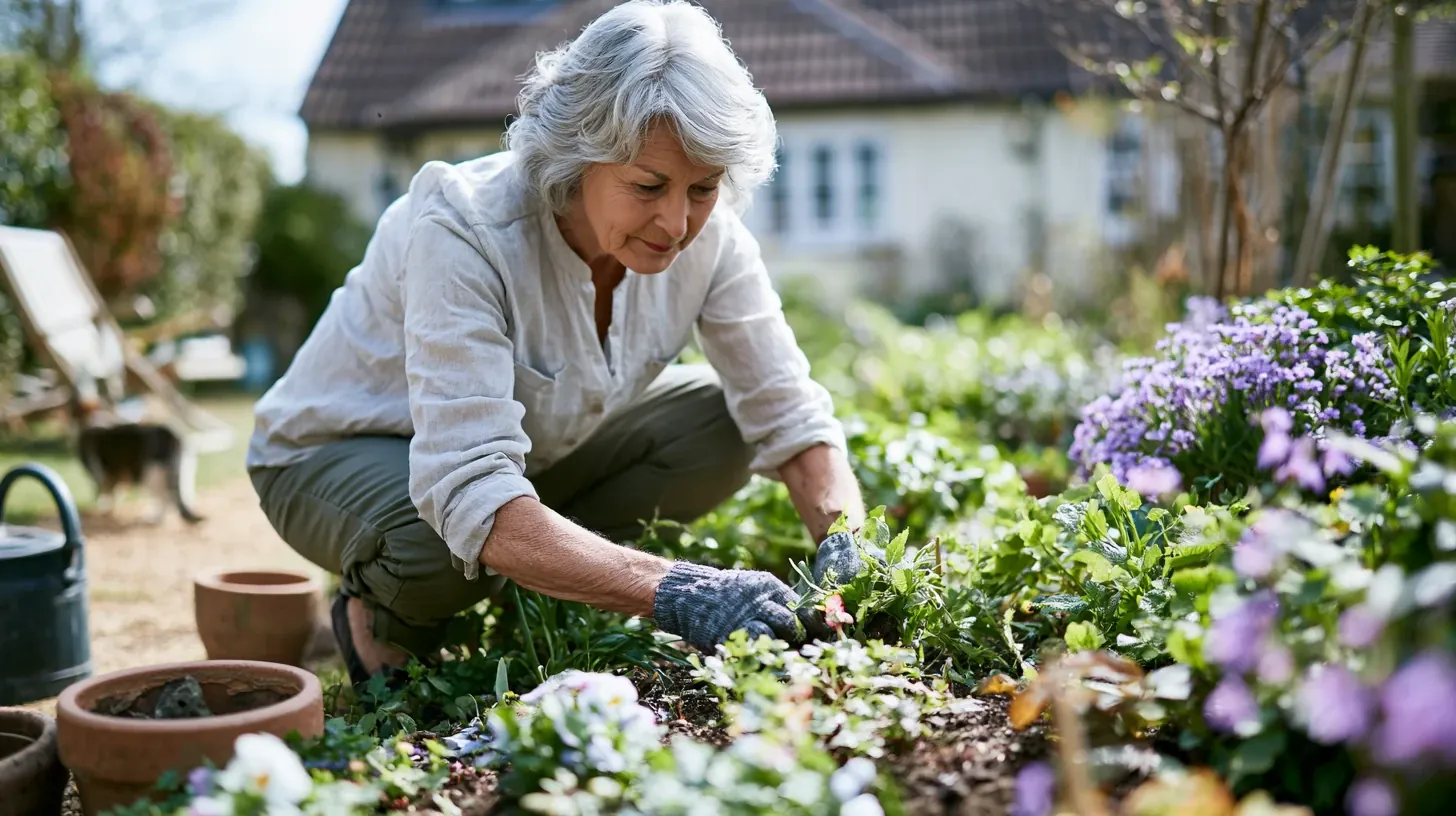 An active older woman wearing gardening gloves tending to purple flowers in her backyard garden outside her house.