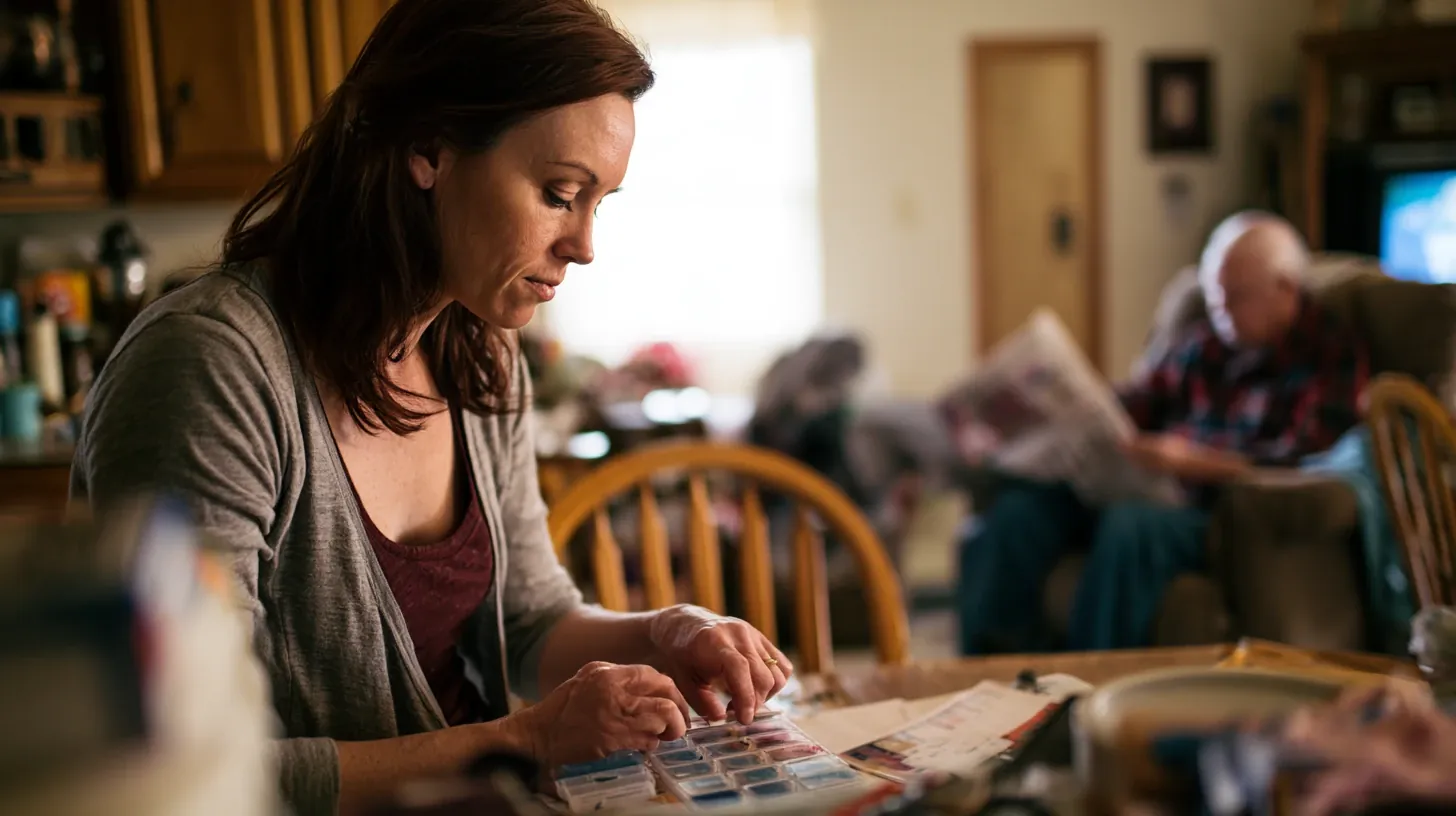 An adult daughter carefully sorting medications into a pill organizer while her older father sits reading a newspaper in the background.