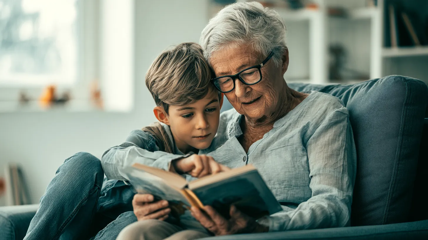 A grandmother wearing glasses sitting comfortably on a sofa while reading a book with her young grandson.