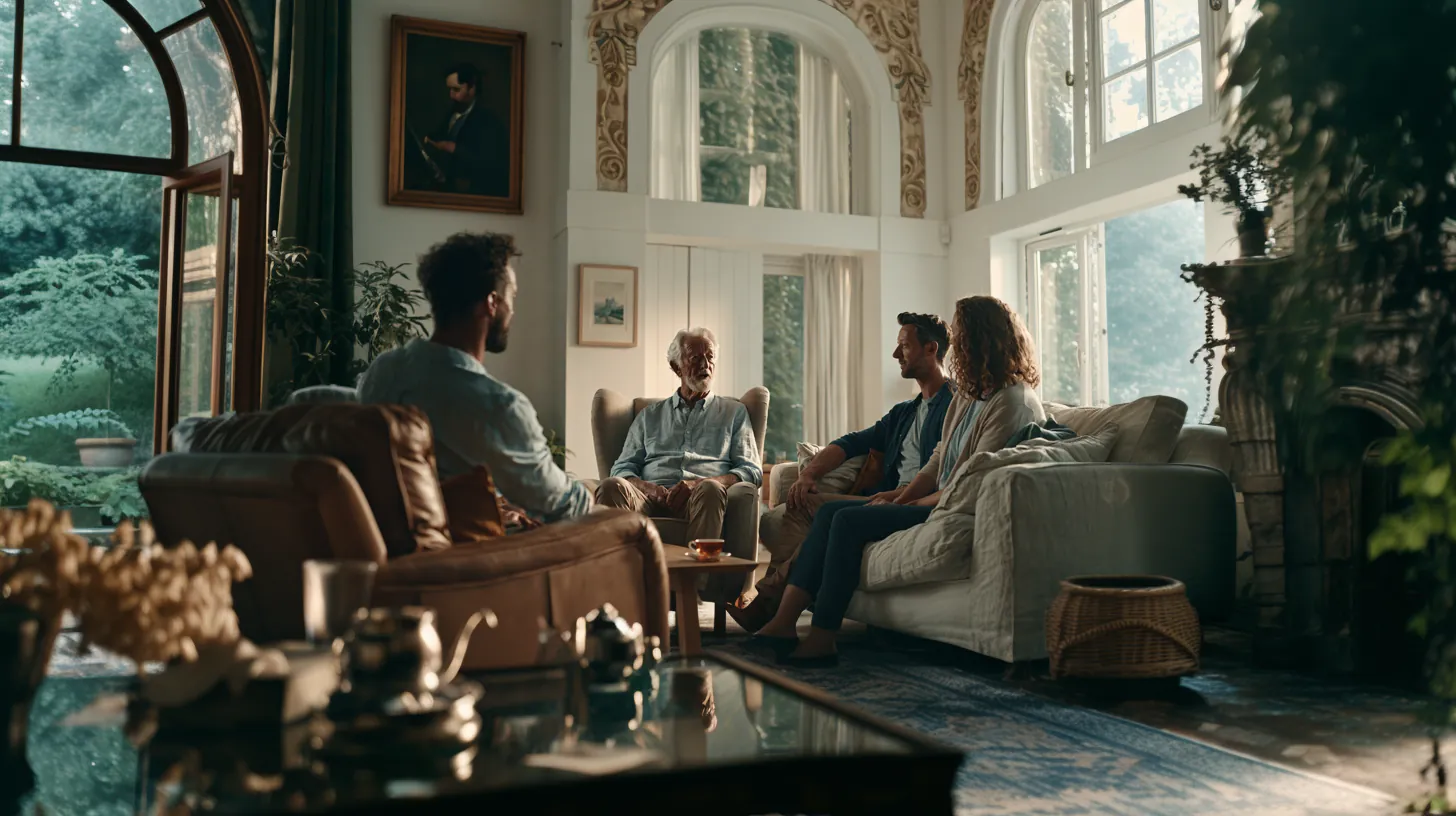 An older father sitting in an armchair surrounded by his adult children in a living room, engaged in an open family discussion.