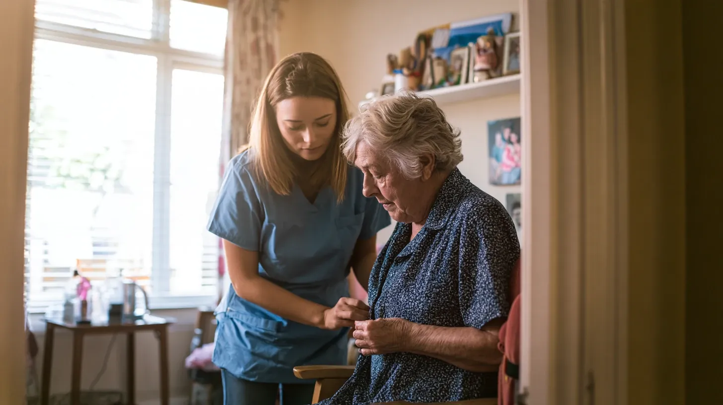 A female caregiver in blue scrubs attentively helping an older woman adjust her dress inside her private senior living apartment.