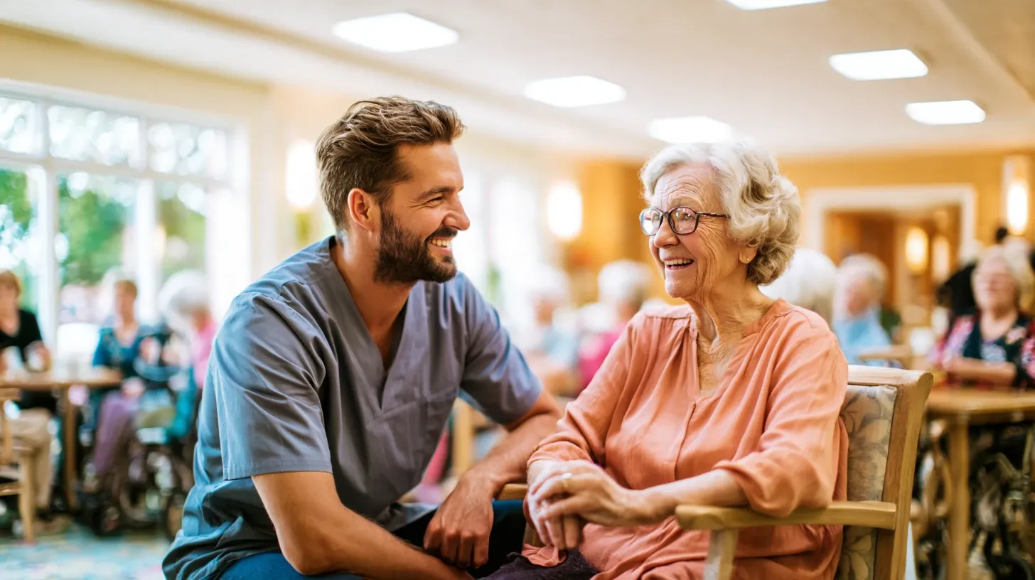 A friendly male caregiver in blue scrubs crouching down to talk and share a smile with a smiling older woman sitting in an armchair.