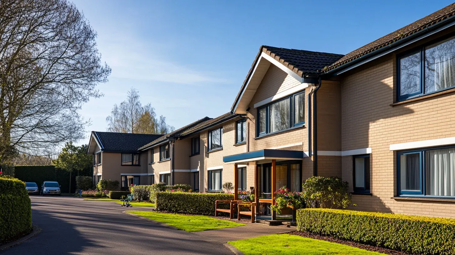 The exterior of a modern, two-story brick senior living community building with large windows, manicured green lawns, trimmed hedges, and benches under a clear blue sky.