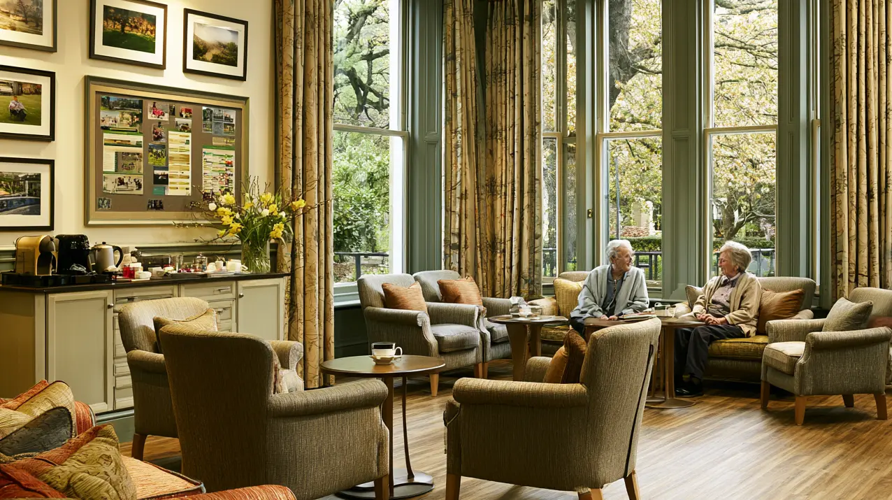 Two older adults sit in comfortable armchairs, smiling and talking near large windows in a warm, beautifully decorated senior living community lounge with a coffee station.