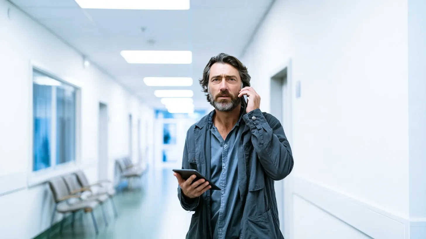 A concerned man standing in a clinical hospital corridor talking on his phone while holding a tablet computer.