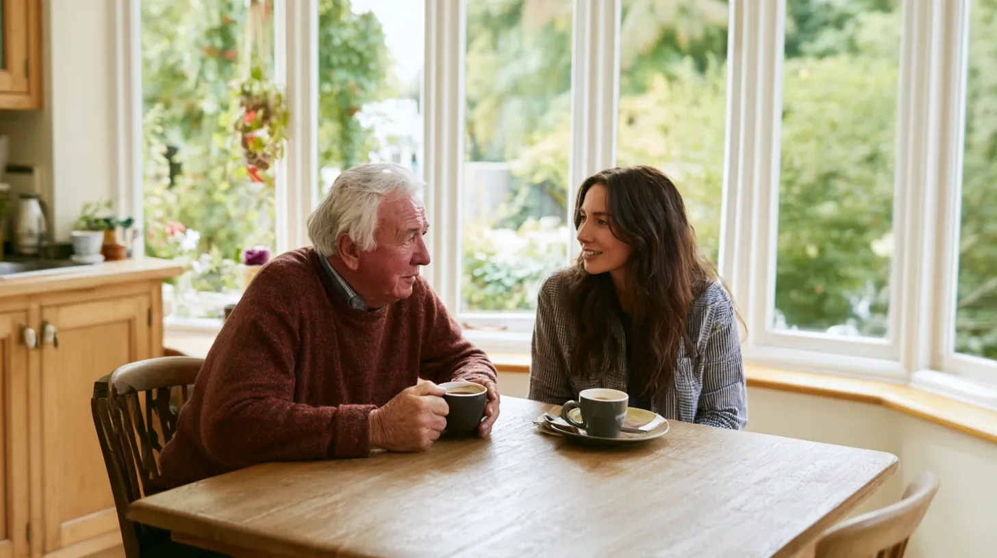 An older man and his adult daughter sitting together at a wooden kitchen table having a calm conversation over coffee.