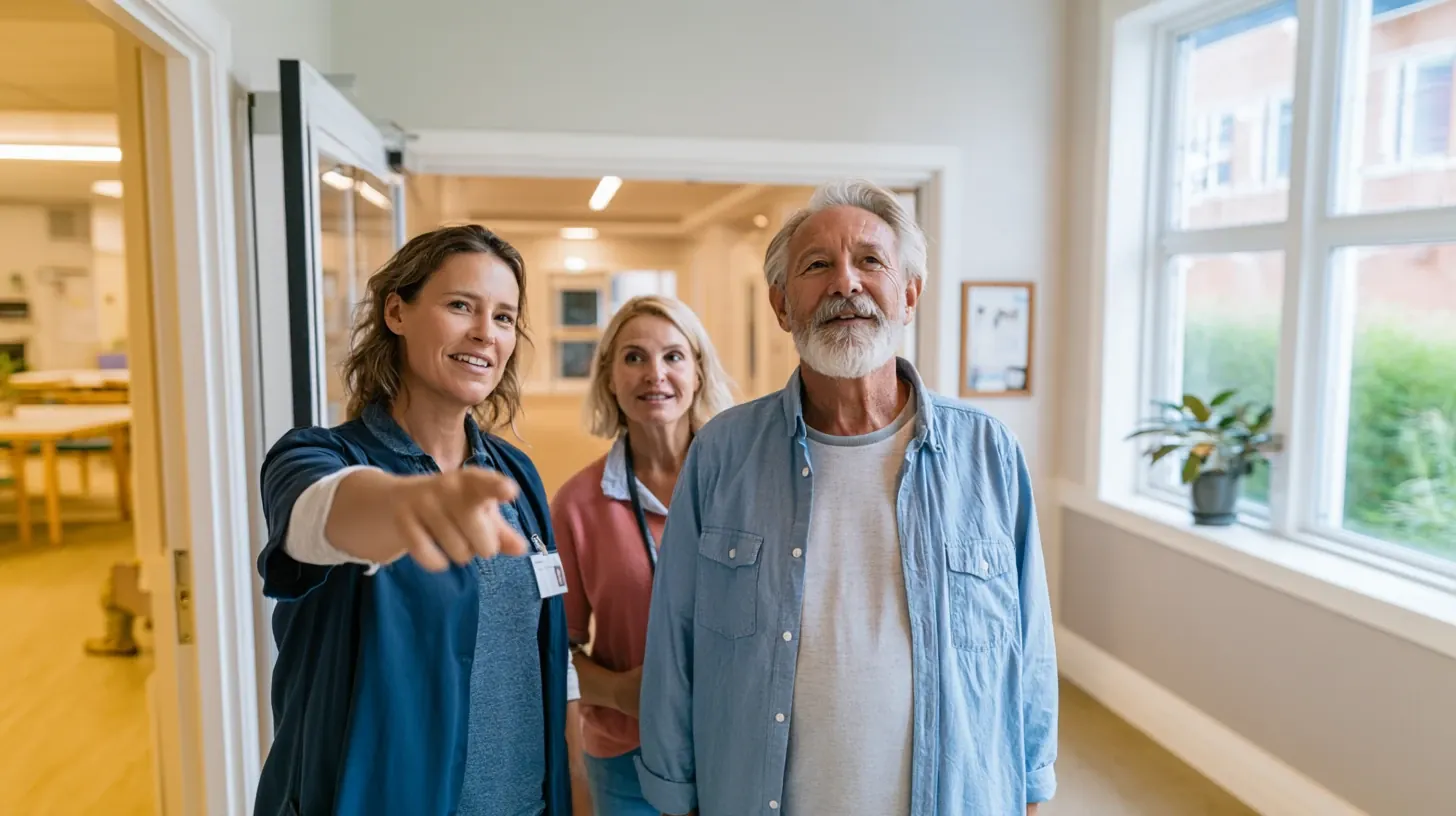 An older adult man with his family touring a bright, modern senior living community while a staff member points down the hallway.