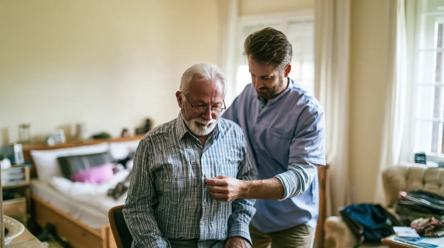 A male caregiver gently helping a seated older man button his plaid shirt in a cozy bedroom setting.