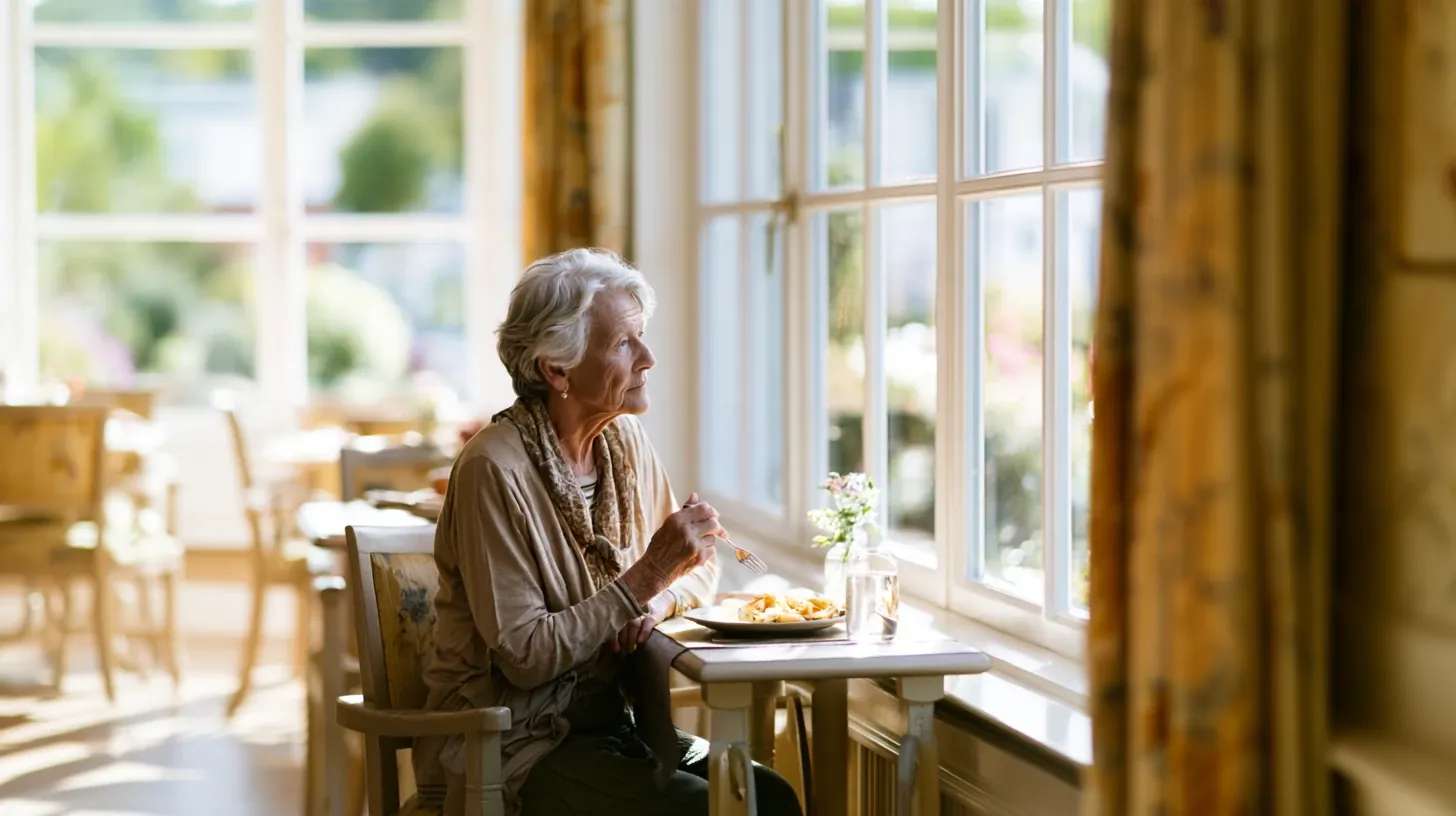 An older woman sitting alone at a small dining table next to a window, holding a fork while gazing outside during a meal.