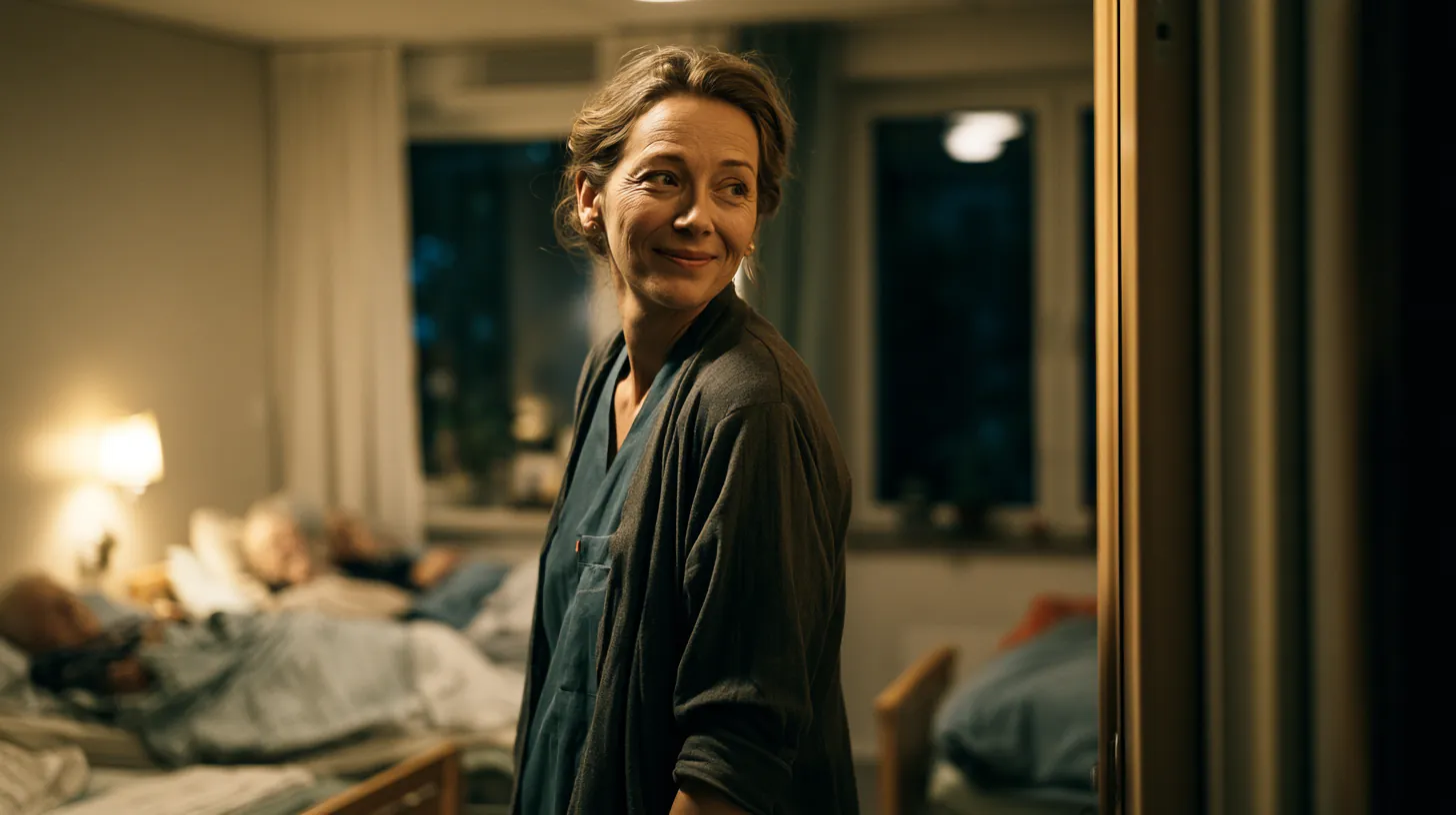 A female caregiver wearing scrubs and a cardigan looks back with a gentle, reassuring smile from a doorway during evening or nighttime care, with residents resting in beds under soft lighting in the background.