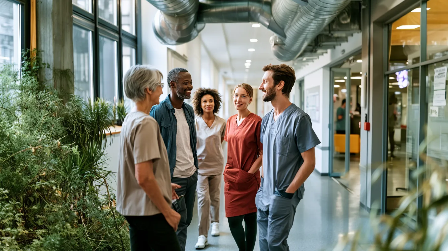A diverse group of senior living healthcare professionals and care staff in scrubs converse warmly and collaboratively in a bright hallway filled with green plants and natural light.