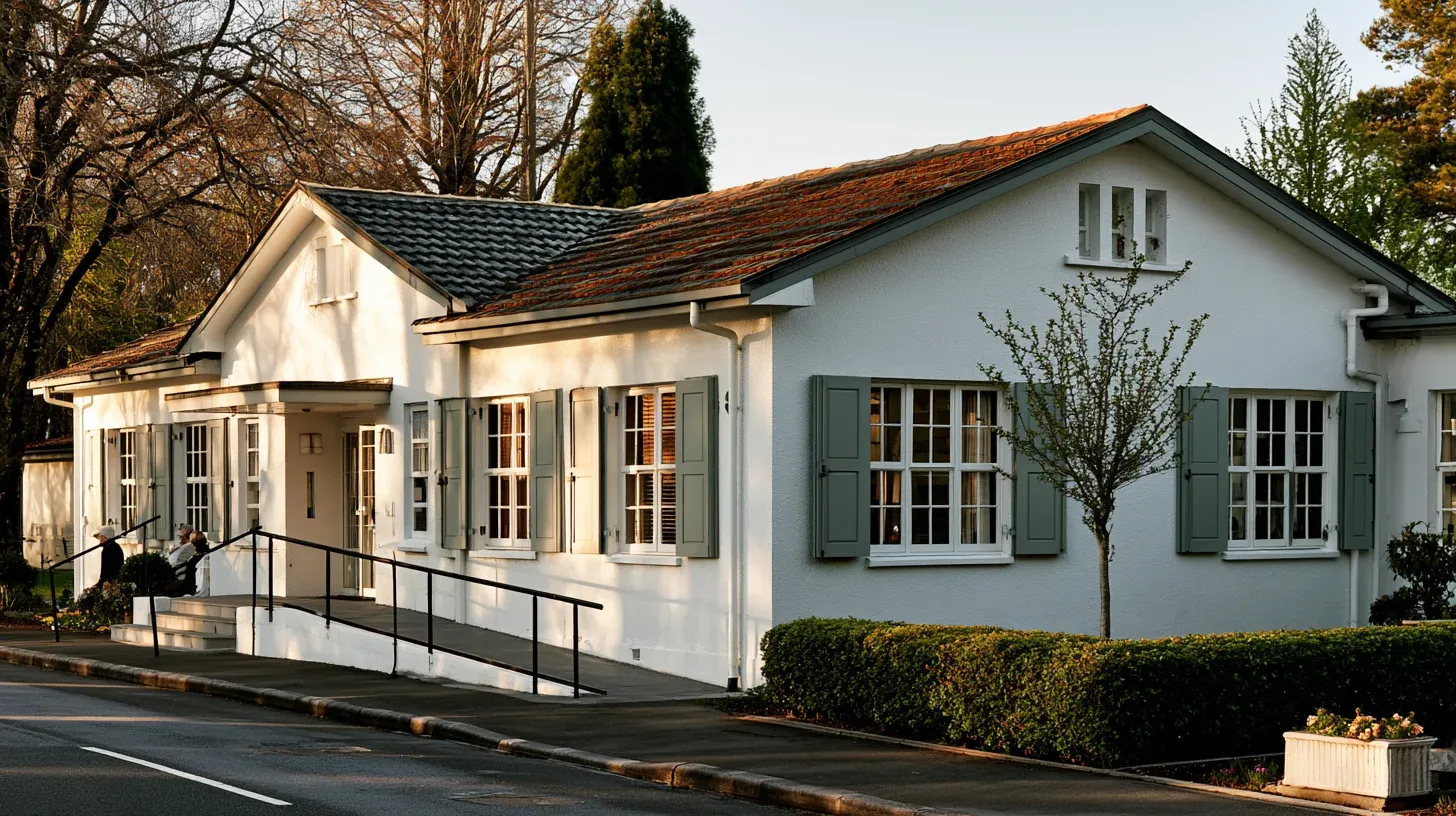 Exterior view of a care home building with white walls, green window shutters, an accessible entrance ramp with handrails, and landscaped hedges along the front.