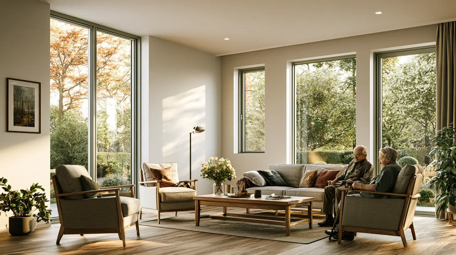 Bright and comfortable care home lounge with large windows, modern seating, and two residents sitting together in a welcoming communal area.