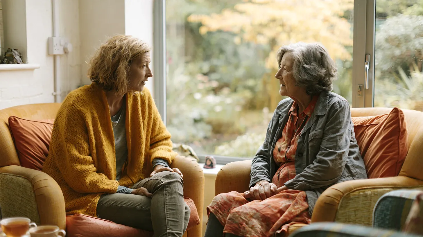 An adult daughter sitting in an armchair having a thoughtful, supportive conversation with her older mother near a window in a senior living community.