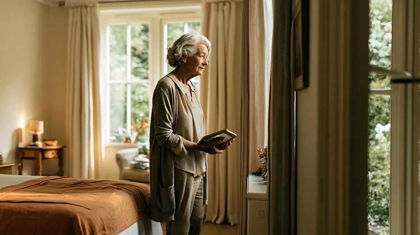 An older woman stands alone in her apartment, holding a framed picture and looking out the window, reflecting during her adjustment period in a senior living community.