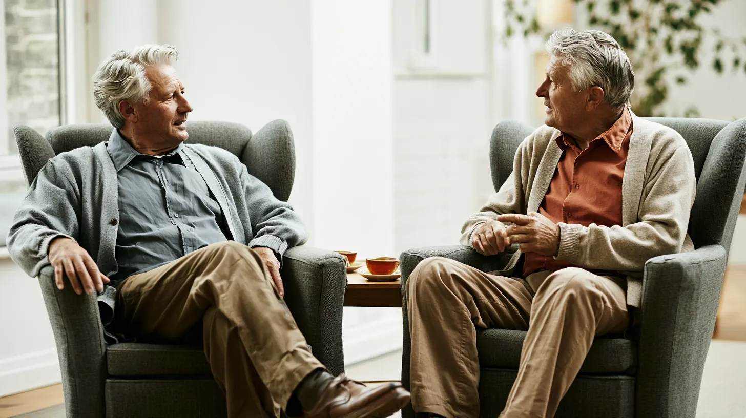 Two older men sitting in comfortable armchairs talking and enjoying coffee together in a bright senior living community common area.