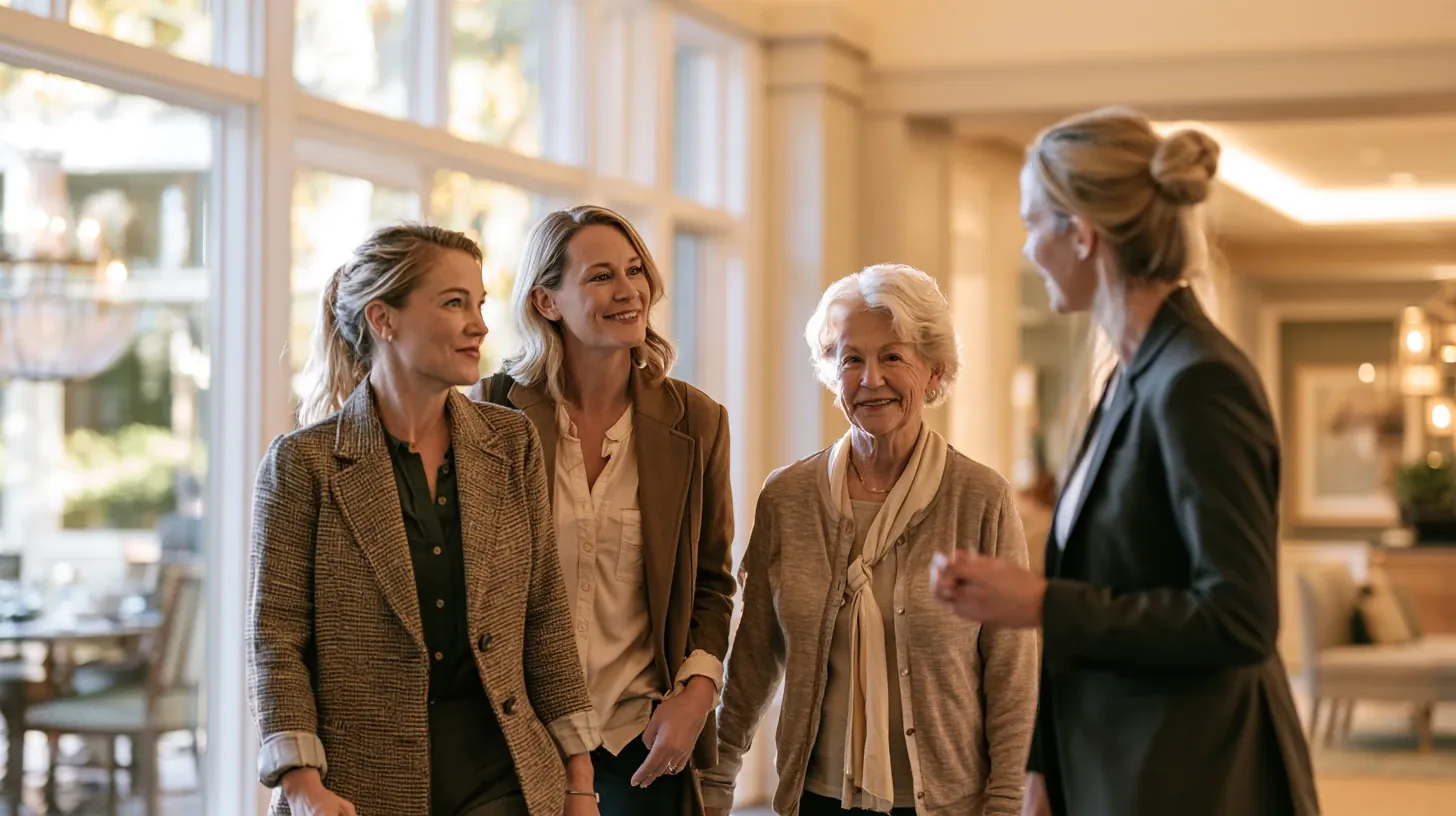 An older woman and her two adult daughters on a guided tour of a senior living community, smiling as they walk and listen to a female staff member in a blazer who is gesturing and speaking to them in a bright, spacious hallway with large windows.
