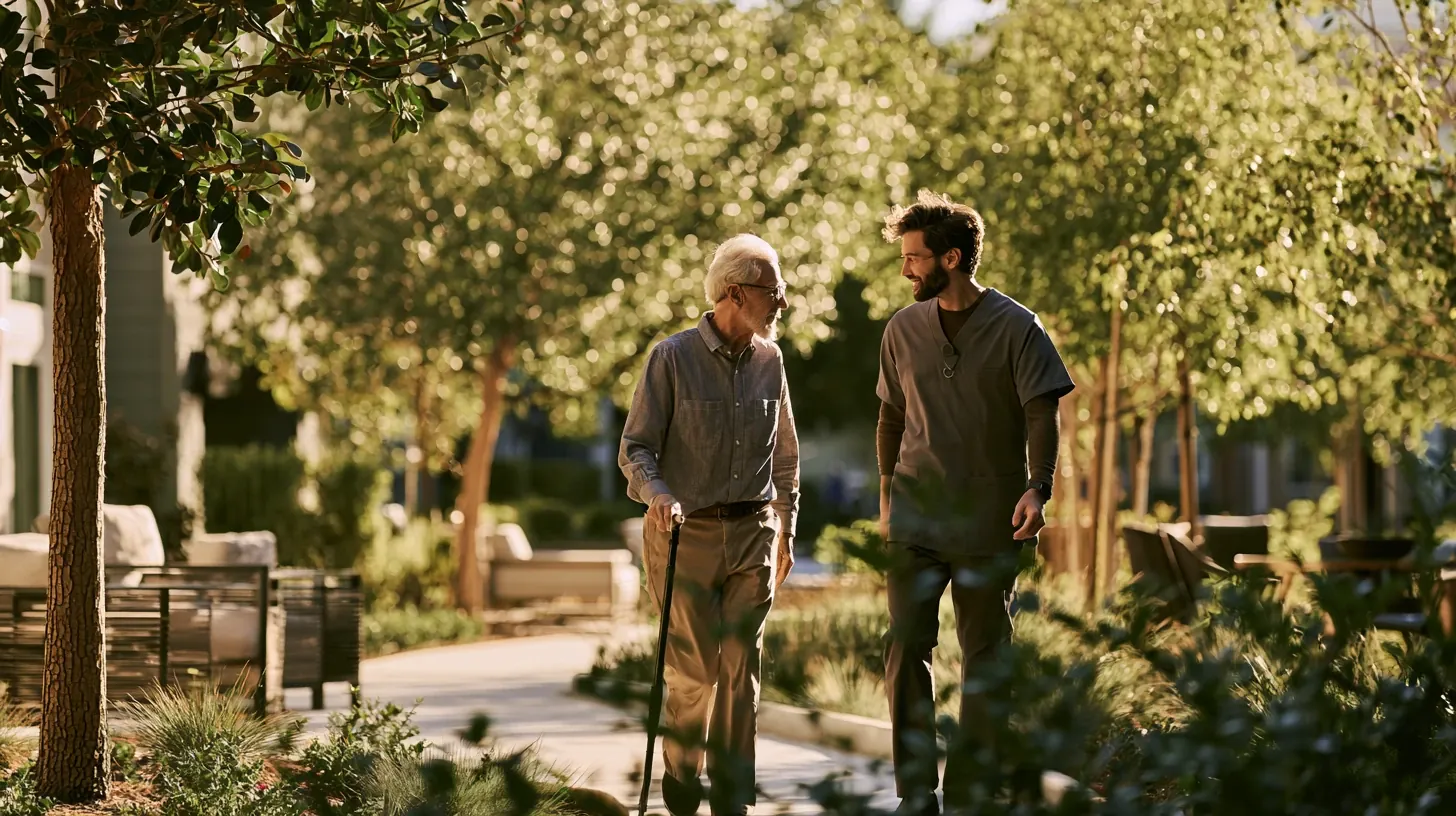 An older man walking with a cane on an outdoor paved pathway at an assisted living facility, conversing with a smiling male caregiver wearing scrubs, surrounded by lush trees and natural sunlight.