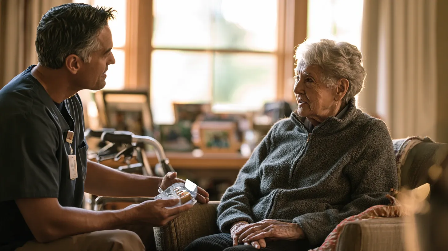 A male caregiver or healthcare worker in scrubs discussing daily medications with an older woman seated in an armchair, holding a plastic weekly pill organizer while they talk in a brightly lit room with a walker visible in the background.